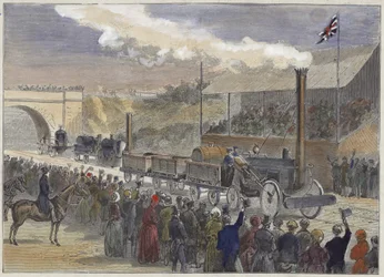 Stephensons Rocket kommt 1829 beim Wettbewerb der Lokomotiven in Rainhill als Erster ins Ziel
