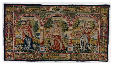Wandteppichlangkissen, das Glaube, Hoffnung und Nächstenliebe darstellt, hergestellt in Sheldon, England, Ende des 16. Jahrhunderts