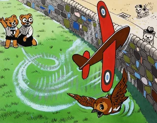 Teddybär fliegt Spielzeugflugzeug