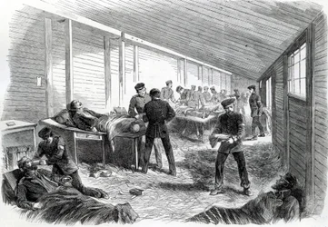 Temporäres Feldlazarett hinter der zweiten preußischen Parallele bei Düppel, 1864