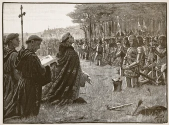 Dankgebet der englischen Armee nach der Schlacht von Agincourt, 25. Oktober 1415, Illustration aus Cassells Illustrierter Geschichte Englands