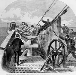 Das Brechen des Atlantischen Telegraphenkabels an Bord der Great Eastern, 1865 (Stich)