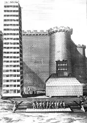 Der Ziegelturm und Musculus bei der Belagerung von Marseille, graviert von Cornelis Huyberts, Illustration aus Caesars Commentaries, ins Englische übersetzt von William Duncan, veröffentlicht 1753