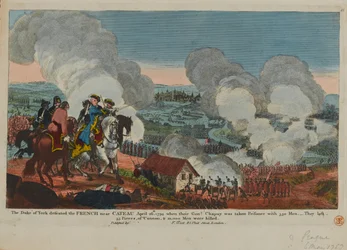 Der Herzog von York (1763-1827) besiegt die Franzosen bei Cateau, 26. April 1794, aus einer Reihe von Szenen des Siebenjährigen Krieges, veröffentlicht von F. West, 1834