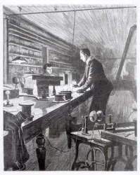 Das elektrische Licht, Mr. Edison (1847-1931) in seinem Labor