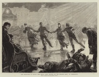 Die Festlichkeiten in Russland, die königliche Gesellschaft beim Schlittschuhlaufen auf dem Englischen Kai, St. Petersburg (Stich)