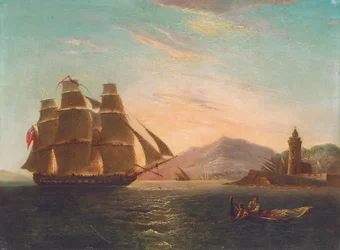 Die Fregatte HMS Pearl, 32 Kanonen, fährt in den Faro, Messina ein