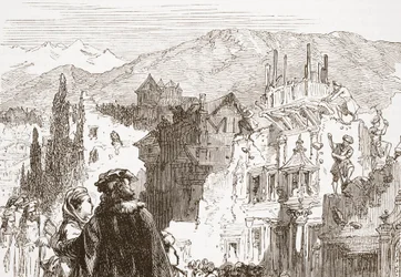 Die Genfer zerstören die Vororte ihrer Stadt, Illustration aus Die Geschichte des Protestantismus von James Aitken Wylie, veröffentlicht 1878