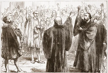 Die Genfer schwören ihren Verzicht auf den Katholizismus, Illustration aus Die Geschichte des Protestantismus von James Aitken Wylie, veröffentlicht 1878
