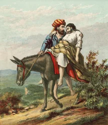 Der barmherzige Samariter, der sich um den verwundeten Reisenden kümmert