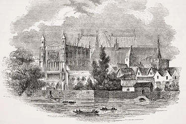 Die Häuser des Parlaments vom Fluss aus zur Zeit von John Hampden, aus 