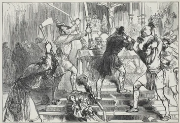 Die Bilderstürmer zerstören die Bilder und Altardekorationen einer römisch-katholischen Kirche, Illustration aus Die Geschichte des Protestantismus von James Aitken Wylie, veröffentlicht 1878