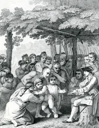 Die Indianer übergeben die englischen Gefangenen an Colonel Bouquet in der Nähe seines Lagers an den Gabelungen von Muskingham in Nordamerika, graviert von Canot, 1764