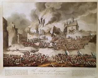 Das Innere von Hougoumont während der Schlacht am glorreichen 18. Juni 1815, graviert von T. Sutherland, veröffentlicht 1816 (Aquatinta)