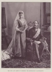 Der König und die Königin von Dänemark, die Großeltern des Bräutigams (Gravur)