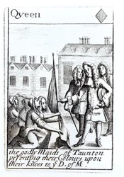 Die Mägde von Taunton knien vor dem Herzog von Monmouth, 18. Juni 1685, Karo-Dame Spielkarte aus einem Set zur Erinnerung an Monmouths Rebellion