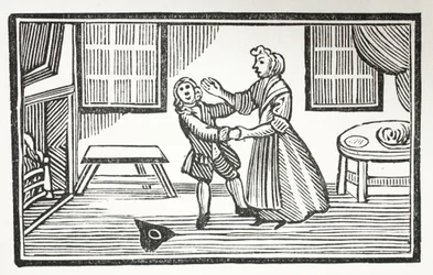 Die Methode, die Meg anwandte, um einen der Vikare zur Zahlung seiner Rechnung zu bringen, Illustration aus Chap-books des achtzehnten Jahrhunderts von John Ashton, veröffentlicht 1882