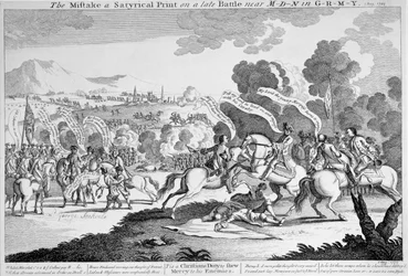 Der Fehler, ein satirischer Druck über eine kürzliche Schlacht in Deutschland, um 1759