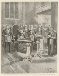 Der Prinz von Wales, höchst ehrwürdiger Großmeister, konstituiert die Chancery Bar Lodge der Freimaurer, Nr. 2456, in der Lincoln