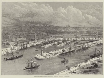 Der vorgeschlagene Manchester-Schiffskanal, geplante Docks in Manchester (Gravur)