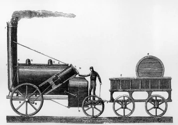 Die Rocket, eine von George und Robert Stephenson 1829 für die Liverpool-Manchester-Eisenbahn entworfene und gebaute Dampflokomotive
