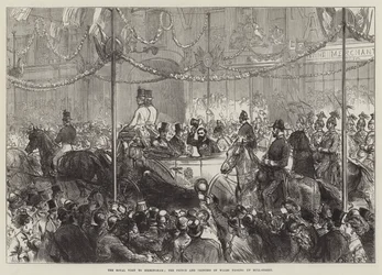 Der königliche Besuch in Birmingham, der Prinz und die Prinzessin von Wales passieren die Bull-Street (Gravur)