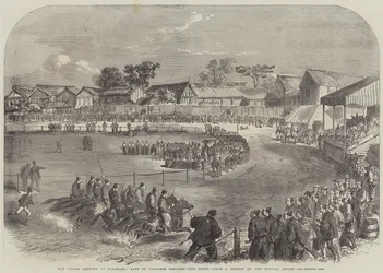 Das Frühlingstreffen in Yokohama, Rennen japanischer Offiziere, der Start (Gravur)