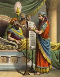 Die Geschichte von Königin Esther: König Ahasverus hört von Mordechai im Buch der Aufzeichnungen