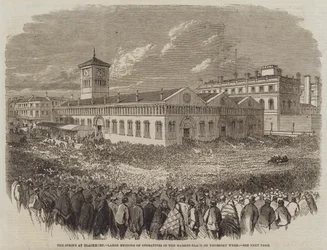 Der Streik in Blackburn, große Versammlung der Arbeiter auf dem Marktplatz am Donnerstag (Gravur)