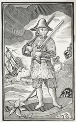 Das überraschende Leben und die seltsamsten Abenteuer von Robinson Crusoe aus der Stadt York, Seemann, Illustration aus Chap-books des achtzehnten Jahrhunderts von John Ashton, veröffentlicht 1882