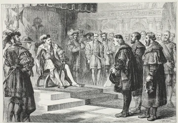 Die drei protestantischen Botschafter vor Kaiser Karl, Illustration aus Die Geschichte des Protestantismus von James Aitken Wylie, veröffentlicht 1878