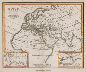 Die Welt, wie sie den Alten bekannt war, zeigt die Verteilung und vermutete Ansiedlung der Nachkommen Noahs