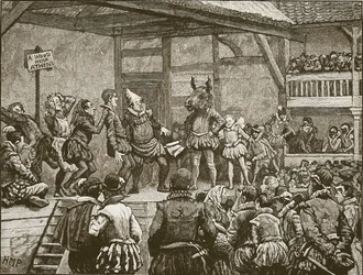 Aufführung eines Stücks von Shakespeare zur Zeit von Königin Elisabeth, Illustration aus Cassells Illustrierter Geschichte Englands
