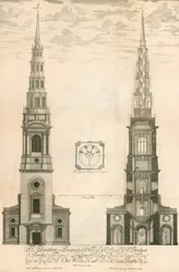 Erhebung und Aussicht des Westendes des Turms der St Brides Kirche in der Fleet Street, London