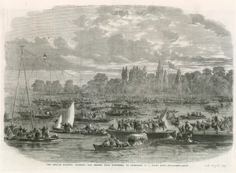 Die weibliche Blondin überquert die Themse von Battersea nach Cremorne auf einem Seil