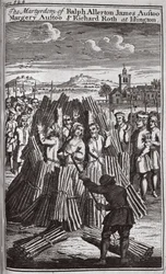 Das Martyrium von Ralph Allerton James Austoo, Margery Austoo und Richard Roth in Islington, Illustration aus 