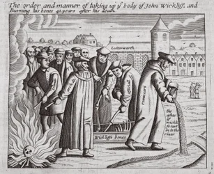 Die Ordnung und Weise der Aufnahme des Körpers von John Wickliff und das Verbrennen seiner Knochen 44 Jahre nach seinem Tod, Illustration aus Acts and Monuments von John Foxe, neunte Ausgabe, veröffentlicht 1684
