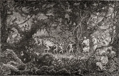 Die Späher auf Sir Henry Morton Stanleys Emin-Pascha-Entlastungsexpedition in Afrika 1888 entdecken Pygmäen, die eine Munitionskiste wegtragen, veröffentlicht 1890