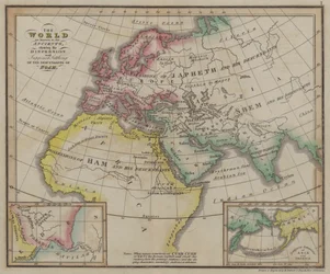 Die Welt, wie sie den Alten bekannt war, zeigt die Verteilung und vermutete Ansiedlung der Nachkommen Noahs (farbige Gravur)
