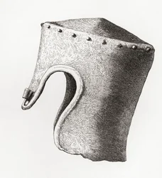 Zylindrischer Helm mit Nasenschutz aus dem 13. Jahrhundert, ausgegraben in Montgomery Castle im Jahr 1841, aus Die britische Armee: Ihre Ursprünge, Fortschritte und Ausrüstung, veröffentlicht 1868.
