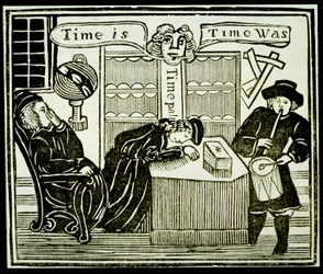 Zeit ist, Zeit war, Kopie einer Illustration aus History of the Learned Friar Bacon verwendet in einer Sammlung von Chapbooks über Esoterik