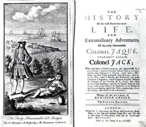 Titelseite und Frontispiz für The History of the most Remarkable Life and Extraordinary Adventures of the truly Honourable Colonel Jaque von Daniel Defoe, 1738