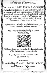 Titelseite zu Amorous Fiammetta von Giovanni Boccaccio, englische Übersetzung veröffentlicht 1587