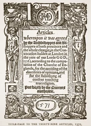 Titelseite zu den Neununddreißig Artikeln, 1571, Illustration aus Die Kirche von England: Eine Geschichte für das Volk von H.D.M. Spence-Jones, veröffentlicht um 1910