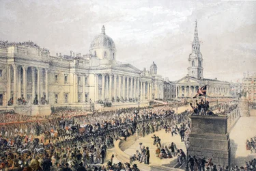 Trafalgar Square, aus Ein Gedenkbuch zur Hochzeit von Edward VII. und Alexandra von Dänemark, veröffentlicht 1864