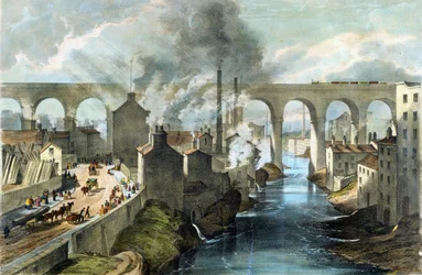 Zug überquert Stockport Viadukt auf der London & North Western Railway, ca. 1845