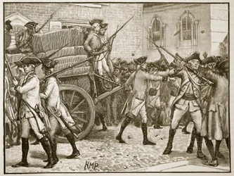 Truppen eskortieren das gestempelte Papier zum Rathaus von New York, 1766, Illustration aus Cassells Illustrierter Geschichte Englands