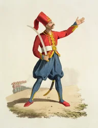 Türkischer Soldat, aus Kostüme der verschiedenen Nationen, Band VII, Die Militäruniform der Türkei, von Thomas MacLean, veröffentlicht ca. 1800-18
