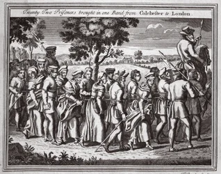 Zweiundzwanzig Gefangene in einer Gruppe von Colchester nach London gebracht, Illustration aus Foxes Märtyrer, ca. 1703