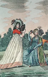 Zwei modische Damen in einem Garten, ca. 1800 (Farbstich)